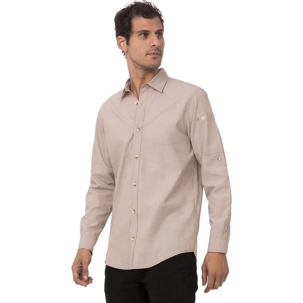 NEW Chef Works Urban Collection Shirt Chambray Ecru Long Roll-Up Sleeve Sz Large
